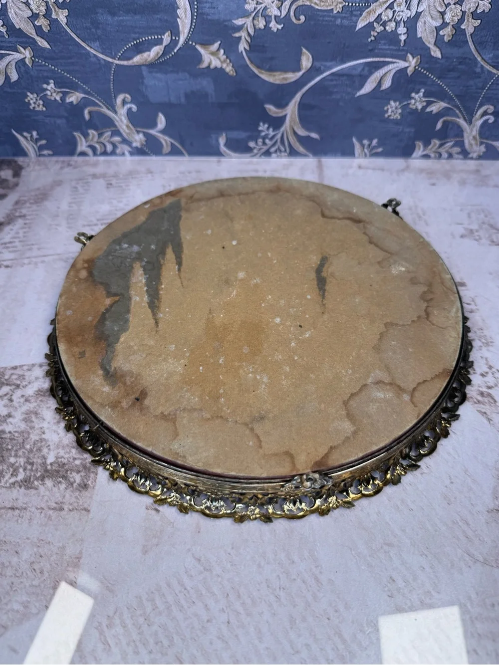 Vintage Round Gold Filigree Mirrored Vanity Tray Hollywood Regency 9 Inch